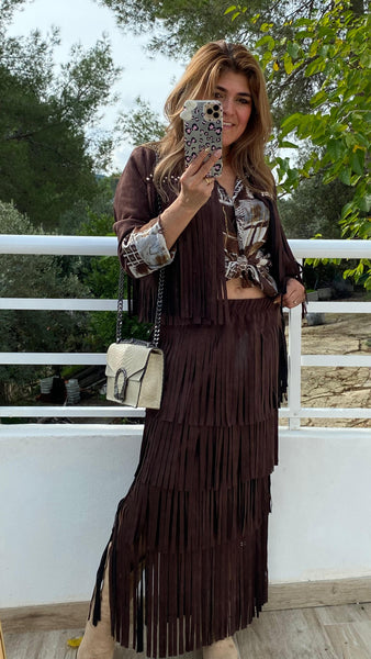 Falda marrón chocolate de antelina con flecos