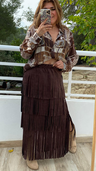 Falda marrón chocolate de antelina con flecos