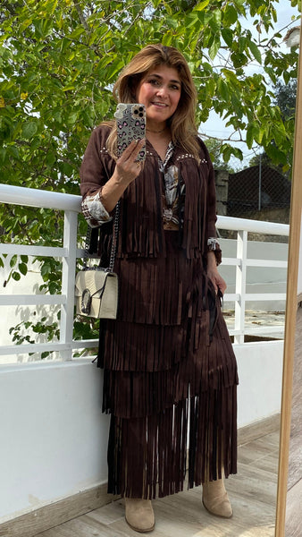 Falda marrón chocolate de antelina con flecos