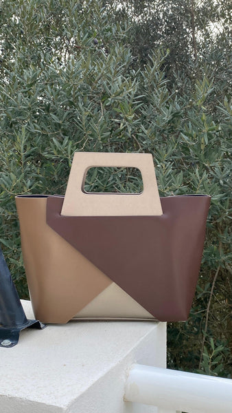 Bolso de polipiel combinado en marrón, camel y blanco roto