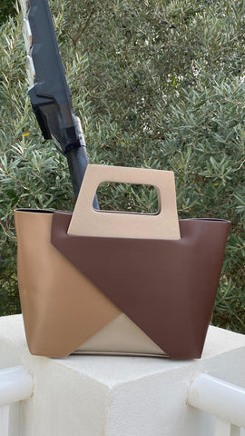 Bolso de polipiel combinado en marrón, camel y blanco roto