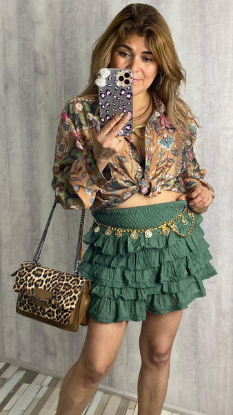 Falda pantalón con volantes en verde botella claro