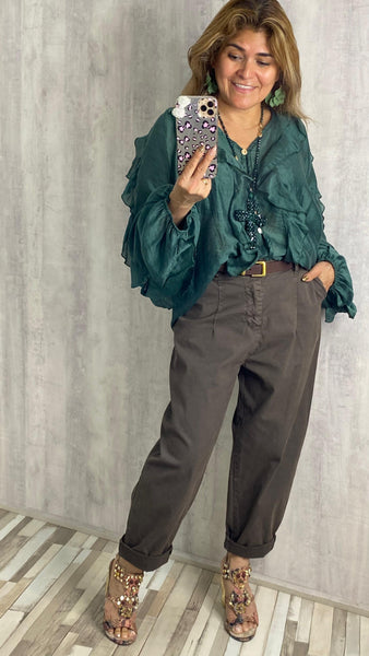 Pantalón marrón chocolate efecto bombacho