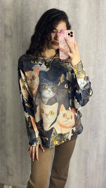 Jersey oversize estampado gatos en negro y beige
