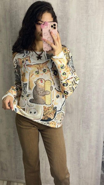 Jersey oversize calado estampado gatos