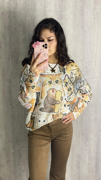 Jersey oversize calado estampado gatos