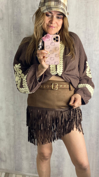 Falda pantalón de antelina con flecos