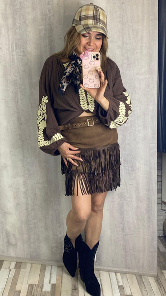 Falda pantalón de antelina con flecos