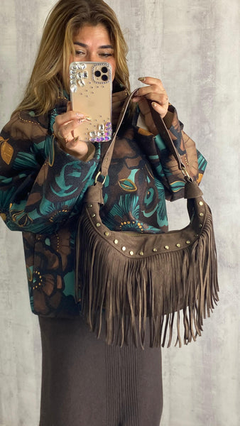 Bolso con flecos marrón chocolate de antelina