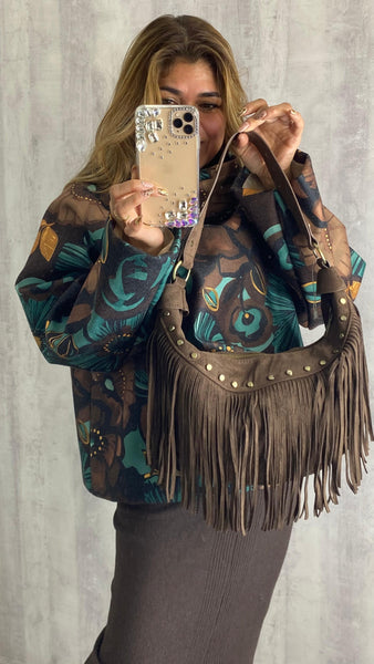 Bolso con flecos marrón chocolate de antelina