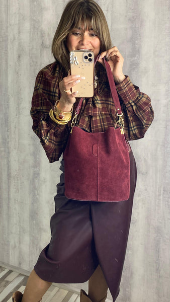 Bolso bombonera de piel en granate