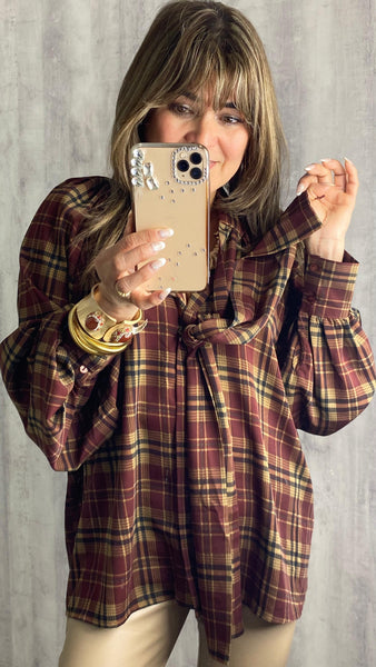 Blusa de algodón a cuadros fondo Camel granate y marrón