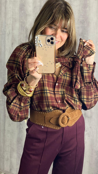 Blusa de algodón a cuadros fondo Camel granate y marrón