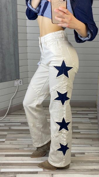 Pantalones rectos o STRAIGHT blanco roto con estrellas azules y perlas