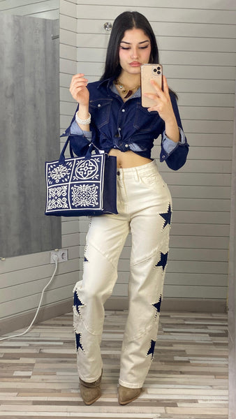 Pantalones rectos o STRAIGHT blanco roto con estrellas azules y perlas