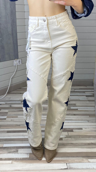 Pantalones rectos o STRAIGHT blanco roto con estrellas azules y perlas