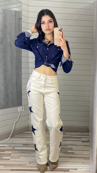 Pantalones rectos o STRAIGHT blanco roto con estrellas azules y perlas