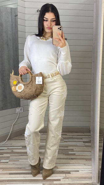 Pantalón recto o STRAIGHT blanco roto con estrellas y perlas blancas