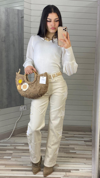 Pantalón recto o STRAIGHT blanco roto con estrellas y perlas blancas