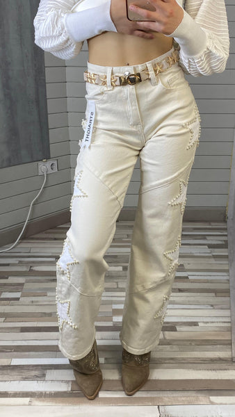 Pantalón recto o STRAIGHT blanco roto con estrellas y perlas blancas