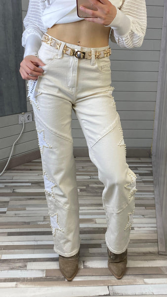 Pantalón recto o STRAIGHT blanco roto con estrellas y perlas blancas