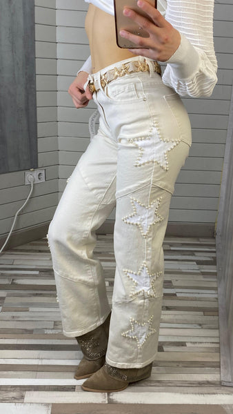 Pantalón recto o STRAIGHT blanco roto con estrellas y perlas blancas