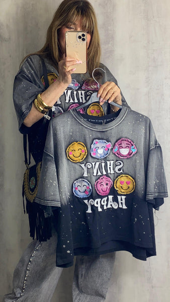 Camiseta de algodón emojis gris y negro lavado