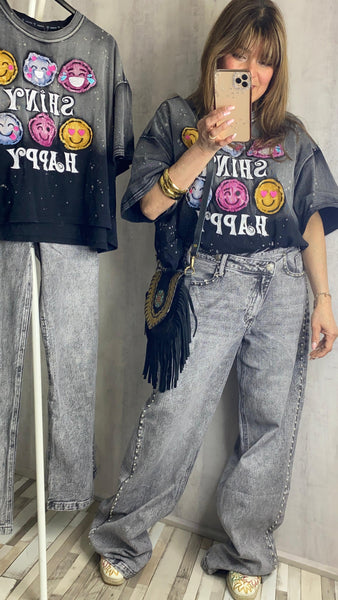 Camiseta de algodón emojis gris y negro lavado
