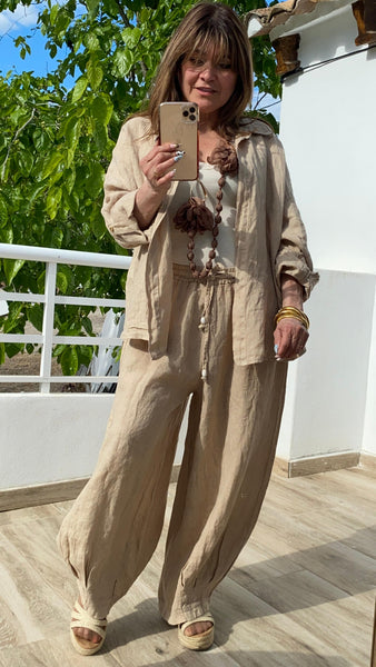 Conjunto lino 100%, beige efecto dorado