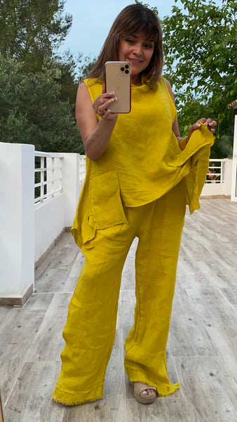 Top asimétrico amarillo mostaza lino 100 % 100