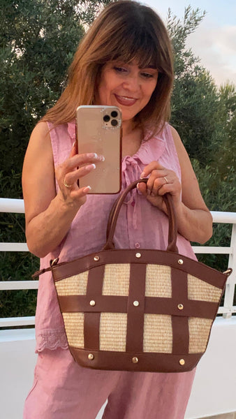 Bolso combinado en rafia y polipiel color camel y blanco roto
