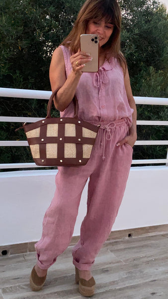 Bolso combinado en rafia y polipiel color camel y blanco roto