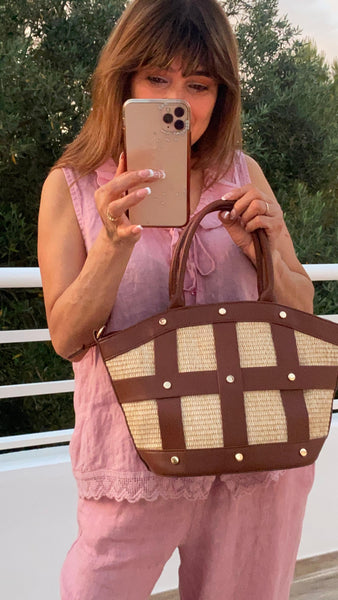 Bolso combinado en rafia y polipiel color camel y blanco roto