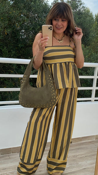 Conjunto a rayas en amarillo y verde caqui