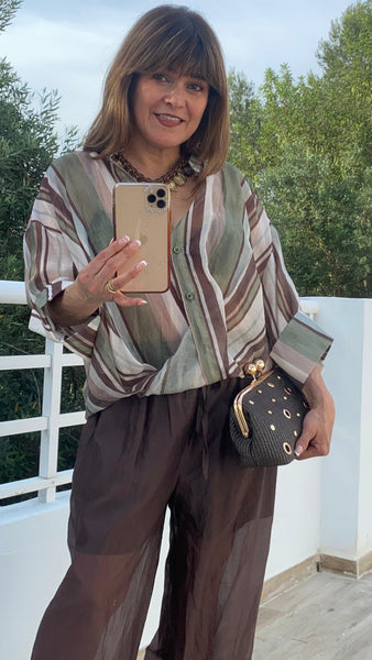 Blusa a rayas efecto deda en tonos verdes y marrón