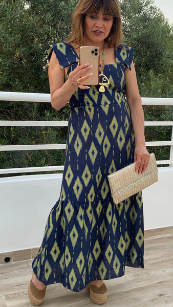 Vestido azul marino y pistacho con nido de abeja en la espalda