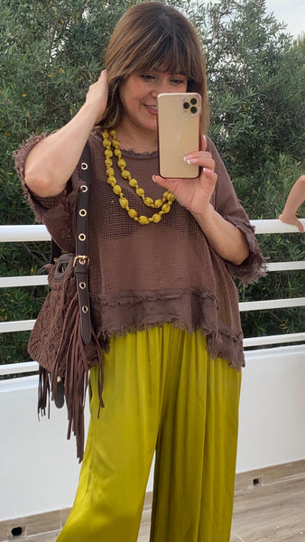 Blusa de efecto croché de algodón 100%100 en marrón chocolate