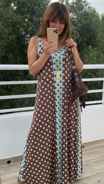 Vestido de punto frío a topos marrón y azul turquesa
