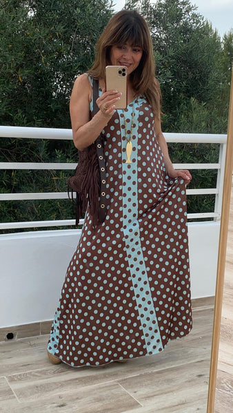 Vestido de punto frío a topos marrón y azul turquesa