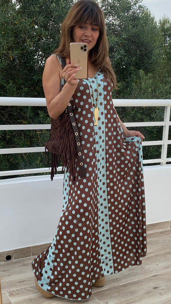 Vestido de punto frío a topos marrón y azul turquesa