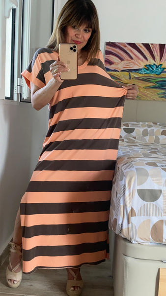 Vestido salmón a rayas marrones