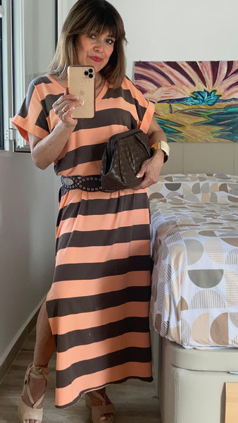 Vestido salmón a rayas marrones