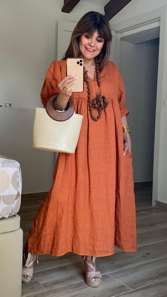 Vestido 100% lino color teja