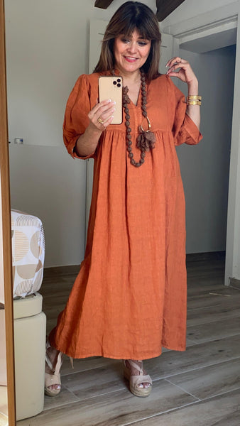 Vestido 100% lino color teja