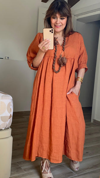 Vestido 100% lino color teja