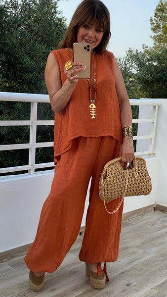 Conjunto 100% lino color teja