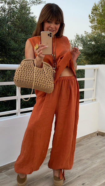 Conjunto 100% lino color teja