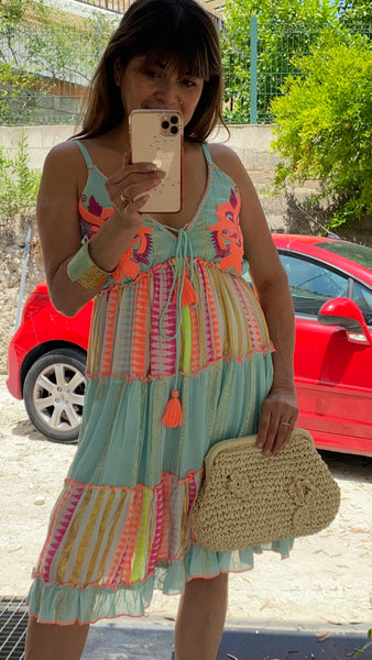Vestido flúor de algodón coral y turquesa