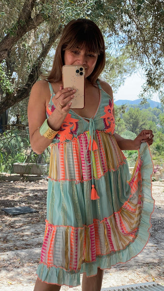 Vestido flúor de algodón coral y turquesa