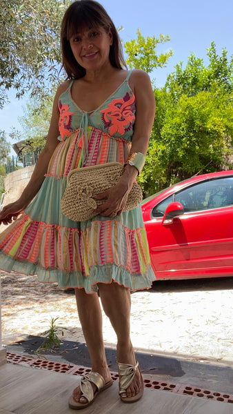 Vestido flúor de algodón coral y turquesa